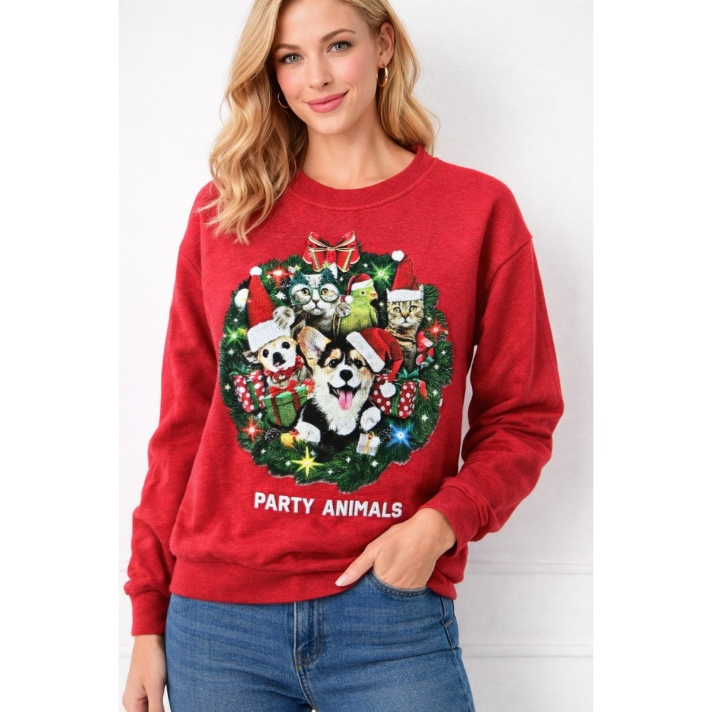 IML Party Animals Pullover Ugly Christmas Sweater Holiday Red Small Cat